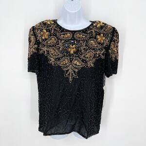 Mark & John Black Gold Beaded Silk Sheer Cocktail Top NEW Womens Sz S